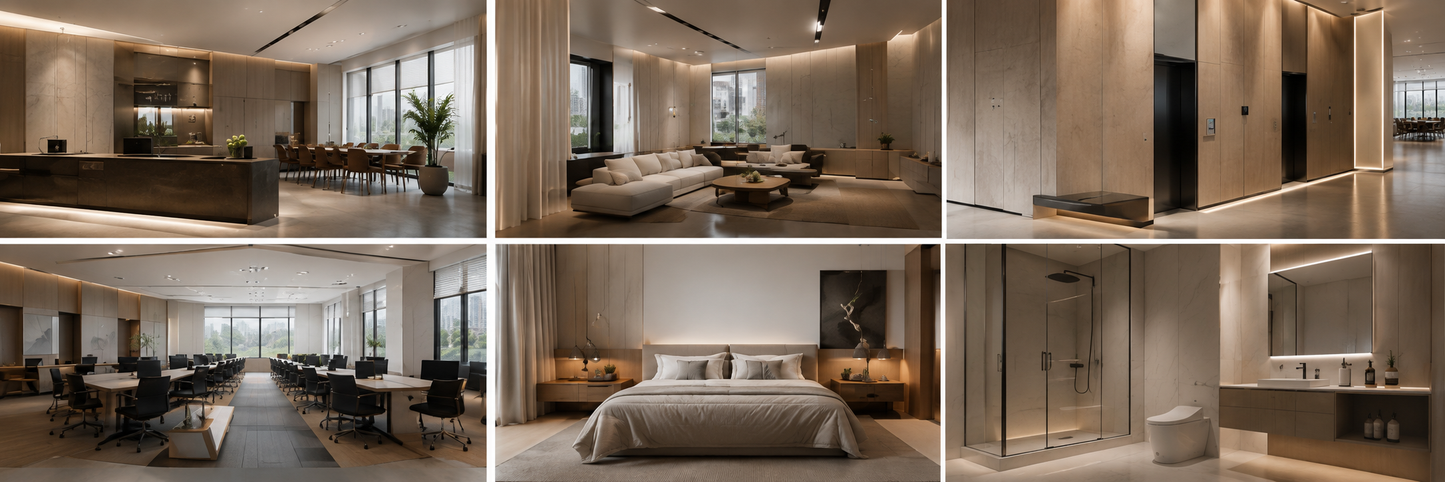 ArkiDecor mineral finish panels shown in completed project applications