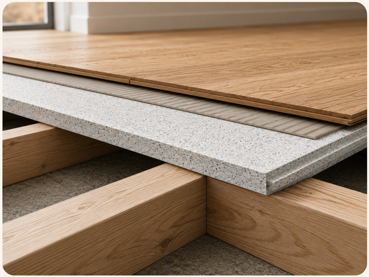 ArkiFloor mineral subfloor panel installed over engineered floor joists
