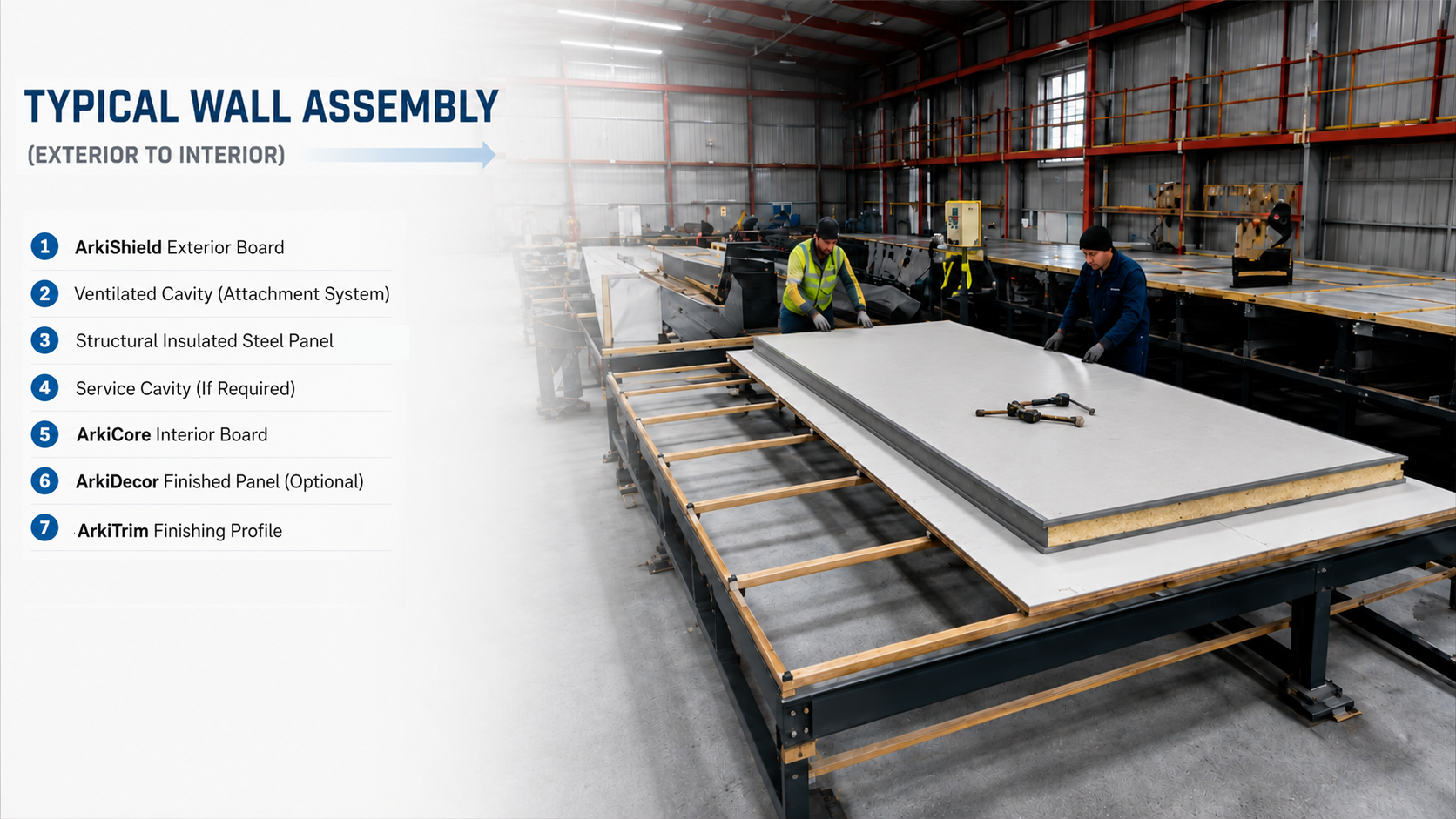 Exploded ArkiSIP wall assembly showing exterior mineral protection, insulated steel panel, interior lining, and finish layers