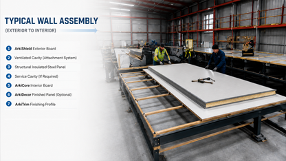 Exploded ArkiSIP wall assembly showing exterior mineral protection, insulated steel panel, interior lining, and finish layers