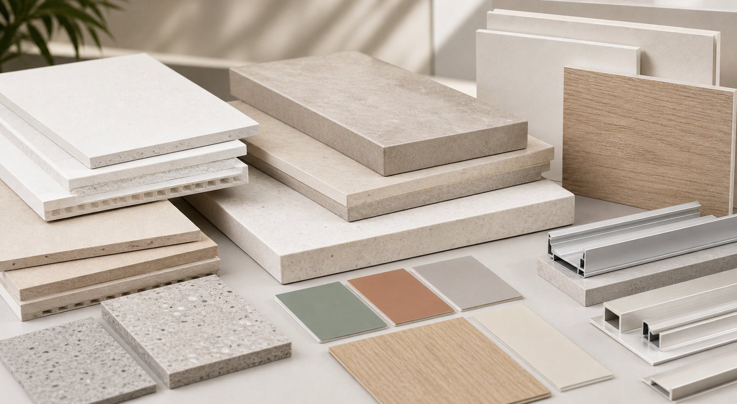 Light mineral building panels and architectural finish samples