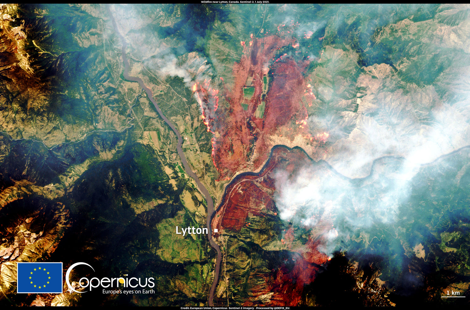 Satellite image showing the Lytton, British Columbia wildfire area on July 1, 2021, with smoke and burned terrain