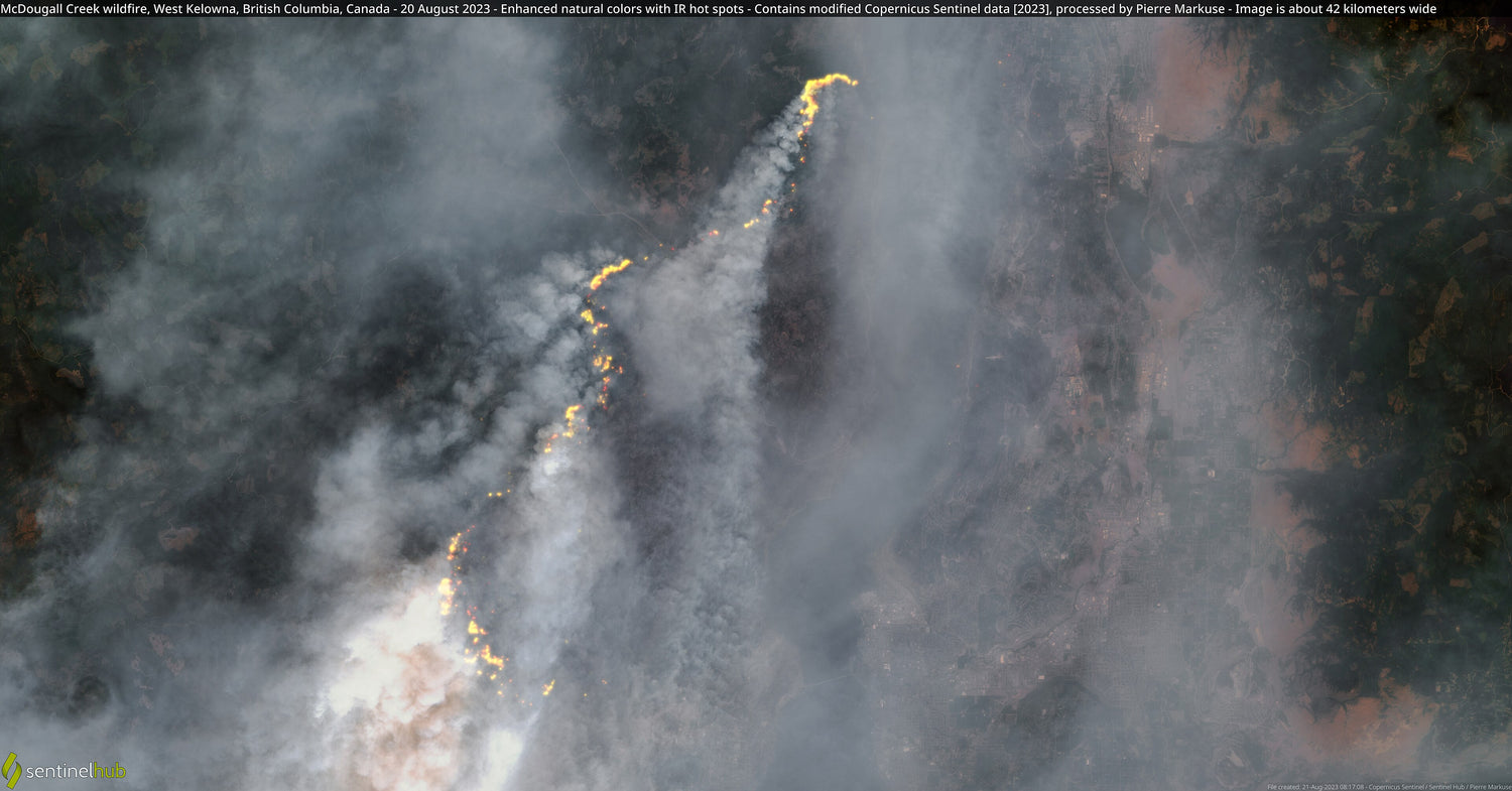 Satellite image of the 2023 McDougall Creek wildfire near West Kelowna and Okanagan Lake