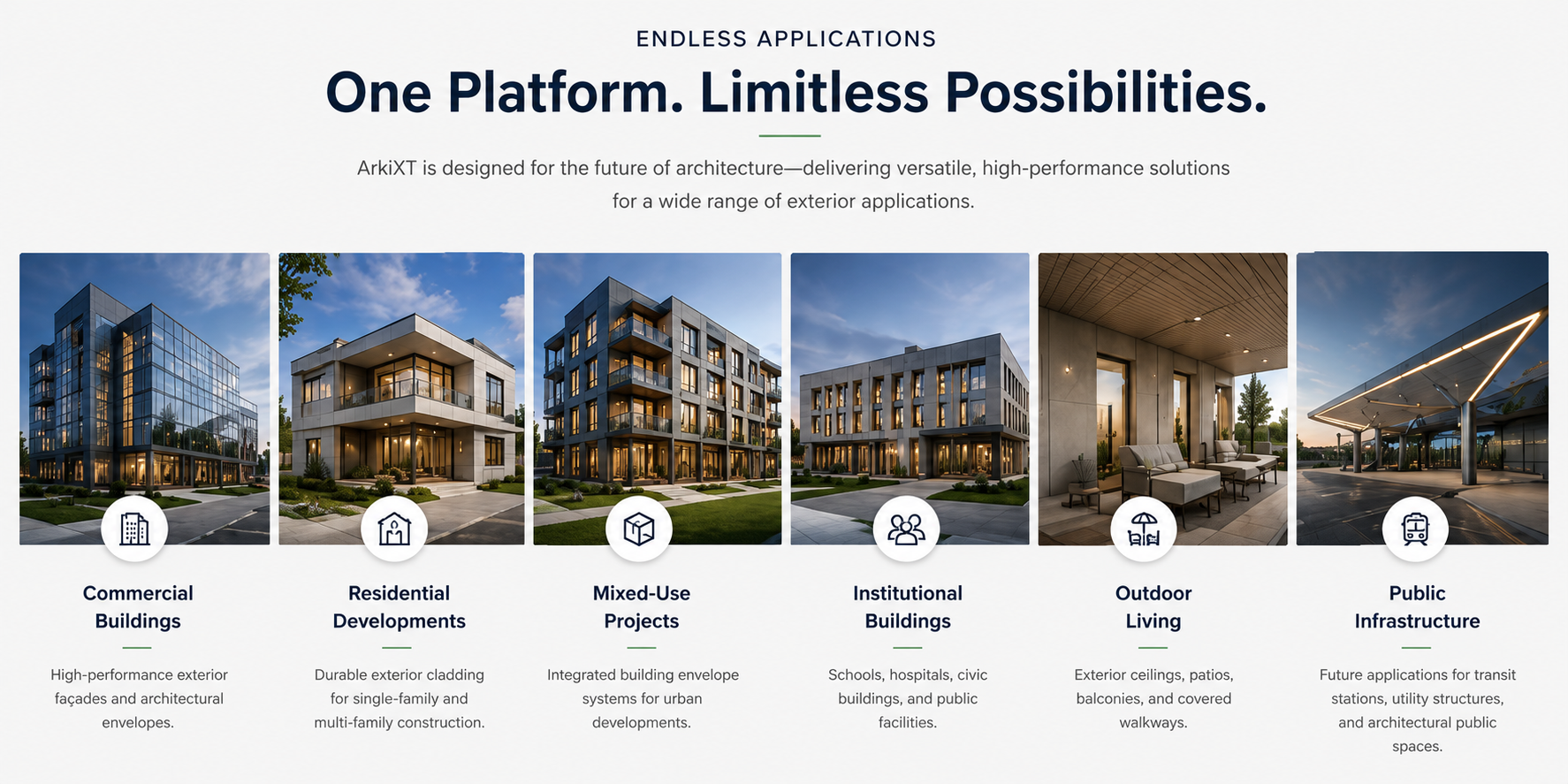 Potential ArkiXT exterior system applications shown as concept renderings
