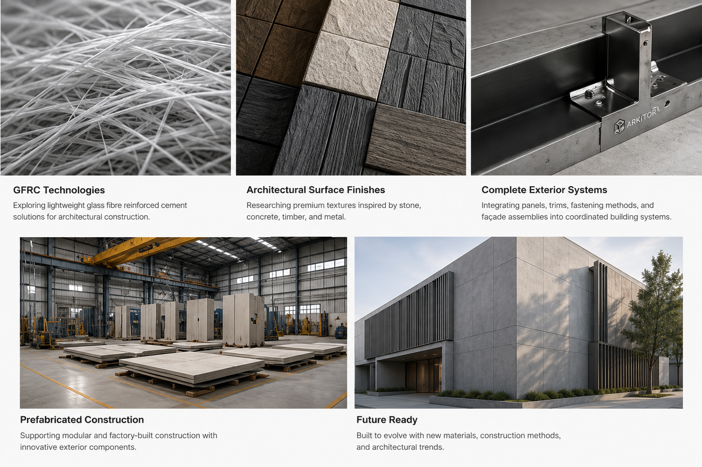 ArkiXT research areas for materials, finishes, exterior systems, and prefabrication